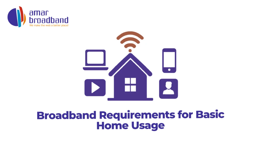 Graphic titled "Broadband Requirements for Basic Home Usage" featuring the Amar Broadband logo and line-art of a connected home surrounded by laptop, smartphone, video, and profile icons. 