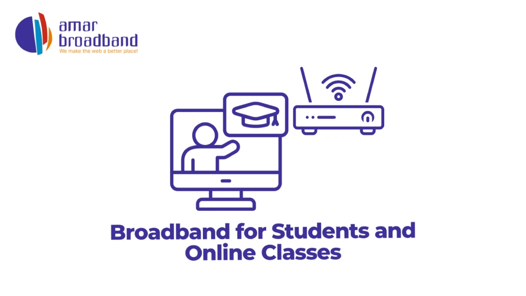 Graphic titled "Broadband for Students and Online Classes" featuring the Amar Broadband logo and line-art of a computer displaying an online instructor next to a dual-antenna Wi-Fi route