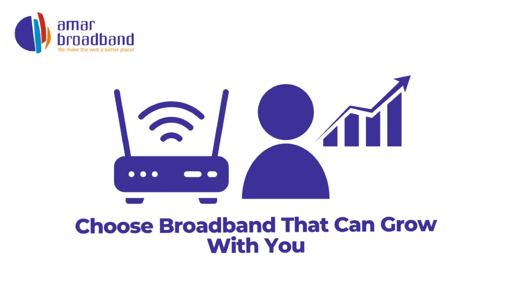 Graphic titled "Choose Broadband That Can Grow With You" featuring the Amar Broadband logo, a dual-antenna Wi-Fi router, a user silhouette, and an upward growth bar chart. 
