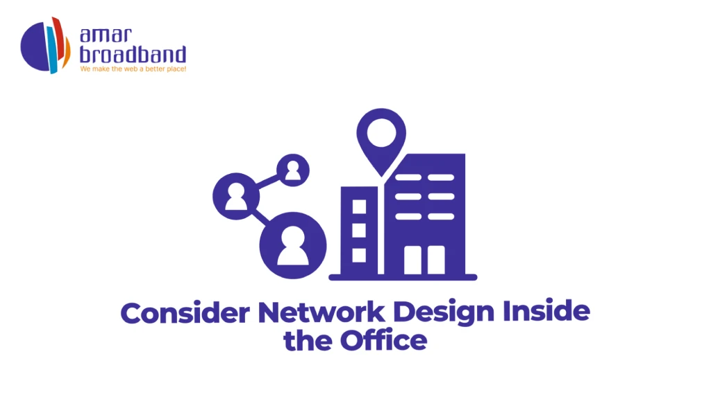Graphic titled "Consider Network Design Inside the Office" featuring the Amar Broadband logo, an office building icon with a location pin, and a node network connecting three user avatars. 