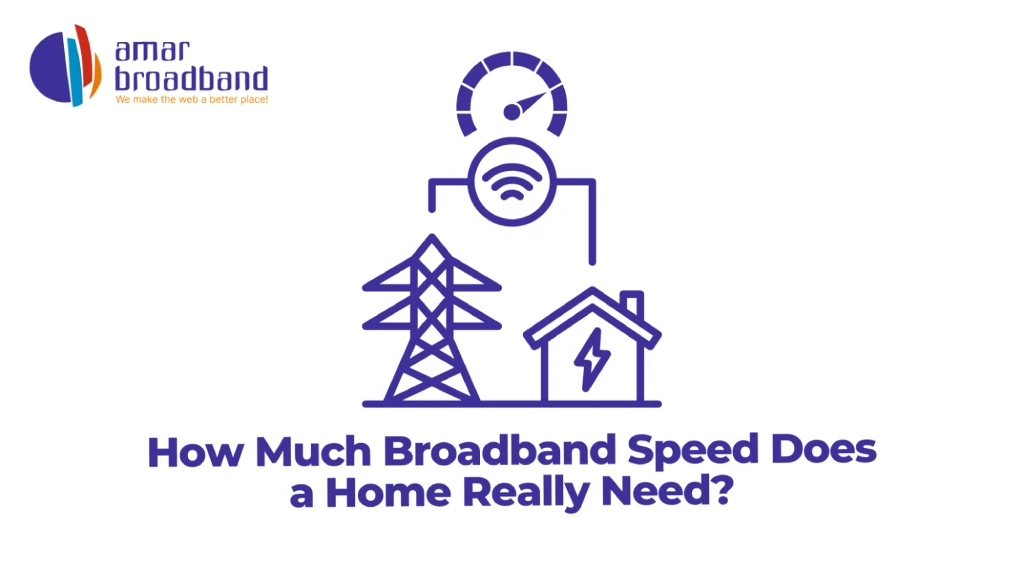 Graphic titled "How Much Broadband Speed Does a Home Really Need?" featuring the Amar Broadband logo and line-art of a power grid tower, house with a lightning bolt, Wi-Fi badge, and speedometer dial. 