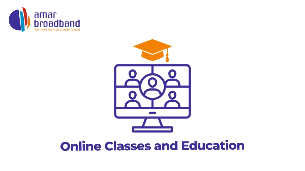 Graphic titled "Why Household Internet Requirements Have Changed" featuring the Amar Broadband logo, a house icon filled with three user avatars, circular orange sync arrows, and a thumbs-up document badge. 