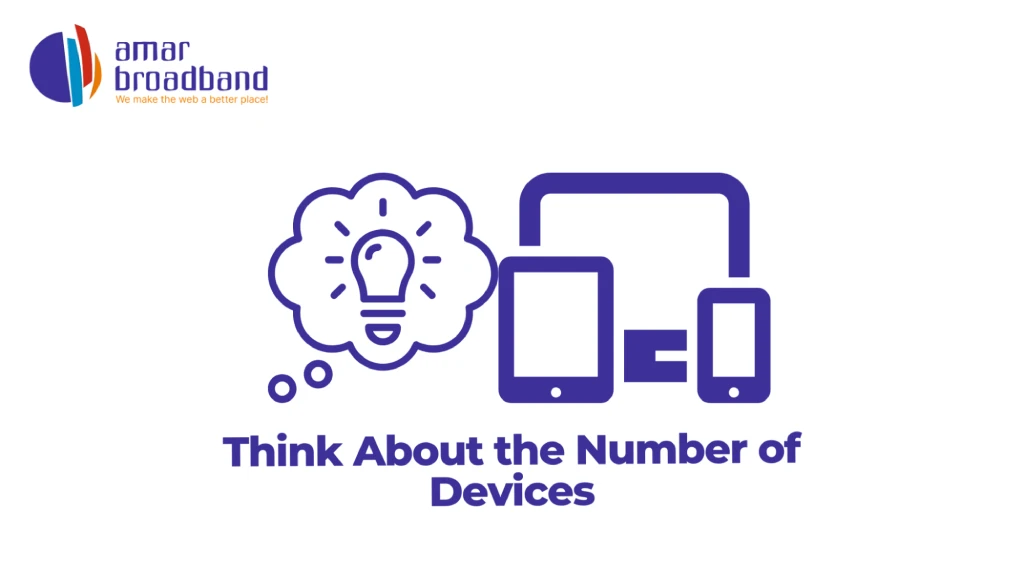 Graphic titled "Think About the Number of Devices" featuring the Amar Broadband logo, a thought bubble with a glowing lightbulb, and icons representing a desktop monitor, tablet, and smartphone. 