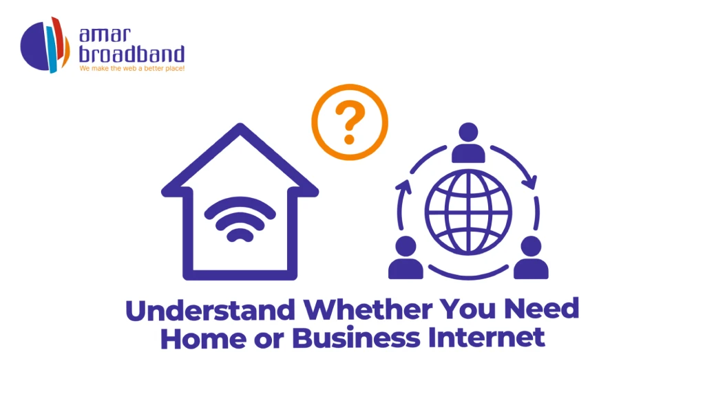 Graphic titled "Understand Whether You Need Home or Business Internet" featuring the Amar Broadband logo, a house with a Wi-Fi symbol, an orange question mark, and a multi-user global network ring. 