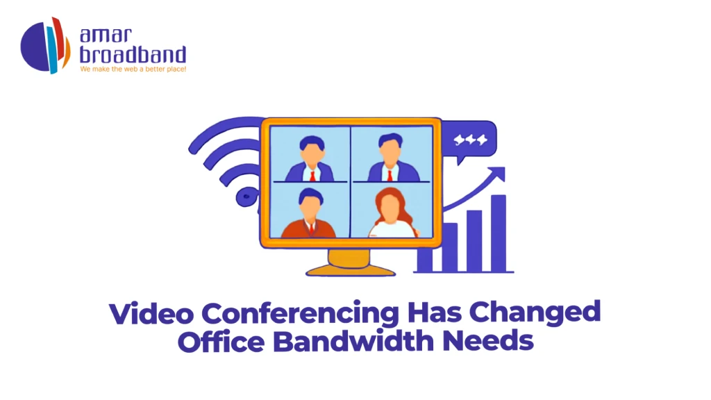 Graphic titled "Video Conferencing Has Changed Office Bandwidth Needs" featuring the Amar Broadband logo, a computer screen displaying a 4-way video call, a Wi-Fi wave symbol, and a growth bar chart. 